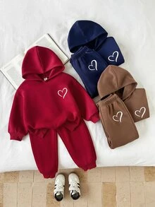 SHEIN 女童針織素色愛心圖案連帽休閒衛衣與長褲 6件套秋季兒童套裝 - 彩色 - 查看 4