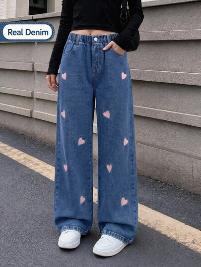 SHEIN Girls' Denim Jeans, All-Season New Y2K Style, Vintage Deep Blue Denim With Elastic Waistband And Pink Heart Embroidery Design, Combined With Snow Wash Process, Straight Wide Leg Fit, Soft And Comfortable Fabric, Fashionable And Versatile, Suitable For Daily Wear, Gatherings, Travel And More Occasions, All-Season New Girls' Denim Jeans