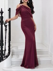 Modelyn Women's Asymmetrical Shoulder Handmade Floral Applique Long Pearl Chiffon Formal Evening Gown (Heavy Embellishment Style) - Red Violet - View 4
