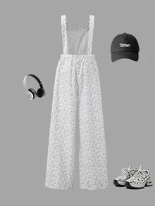 SHEIN Tween Girl Light Gray Leopard Print Wide Leg Overalls, White Base With Soft Gray Leopard Print, Loose Wide Leg Style, Casual And Dynamic Fit, Suitable For Autumn Outfits, Campus, Daily Wear, Versatile And Timeless, Perfect For Back To School Season - Grey - View 2