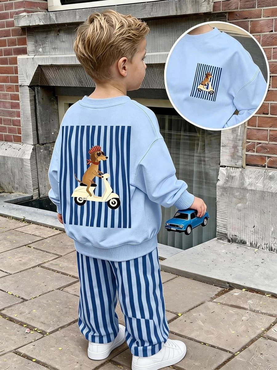 Young Boy Cartoon Print Long Sleeve Sweatshirt + Striped Straight Leg Pants Set - Multicolor - View 1