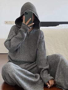 Livesso Women's Solid Color Drop Shoulder Long Sleeve Hoodie Sweater And Knit Pants Casual Set - Dark Grey - View 1