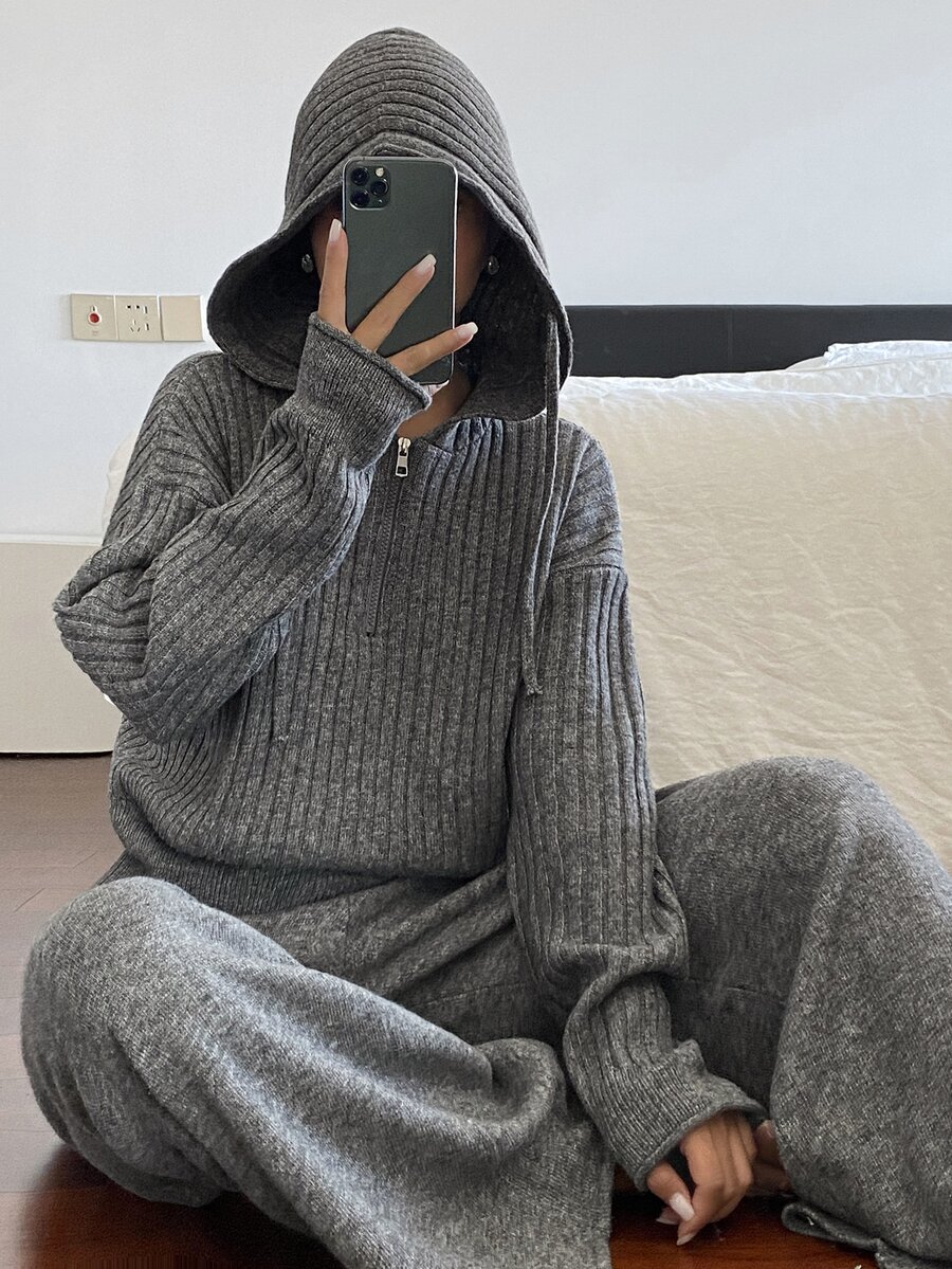 Livesso Women's Solid Color Drop Shoulder Long Sleeve Hoodie Sweater And Knit Pants Casual Set - Dark Grey - View 1