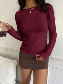 CovetEZ 休閒極簡風酒紅色 95% 棉女款方領長袖 T 恤，秋冬百搭內搭層 - 酒紅色 - 查看 5