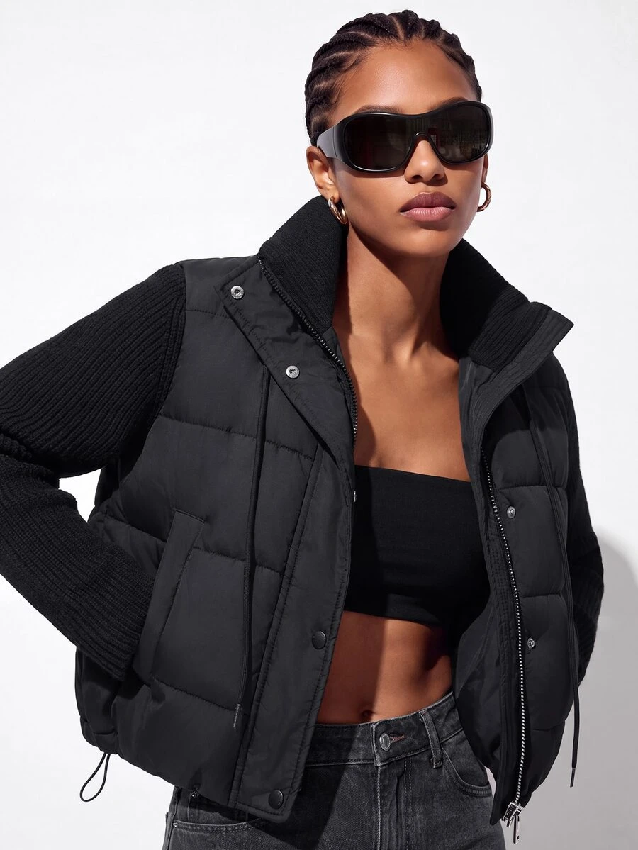 Aveloria GENKIRA Women's Padded Coat Short Straight Knit Patchwork High Neck Drawstring Modern Streetwear Casual Black Quilted Plaid Puffer Jacket Winter Club Everyday - Black - View 1