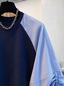 INAWLY Women's Patchwork Striped Raglan Long Sleeve Loose Casual Sweatshirt - Blue - View 4