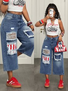 Jeanoix Petite Women's Distressed Pocket Loose Y2K Denim Capris - Medium Wash - View 9