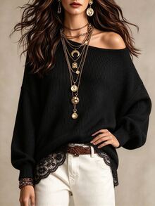 Balvessa Women's New Autumn/Winter Black Knitted Elastic Ribbed Contrast Lace Asymmetric Shoulder Long Sleeve Top - Black - View 3