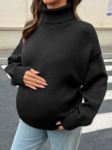 Dazy Maternity Solid Color Loose High Neck Casual Daily Korean Style Autumn/Winter Knit Sweater For Pregnant Women - Black - View 1