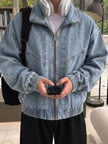 DAZY 男士純色藍色牛仔夾克，適合秋季 - 藍色 - 查看 6