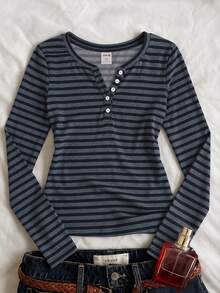 Tween Girl Versatile Striped Button Half-Placket Long Sleeve T-Shirt, Suitable For Daily Wear And School - White - View 6