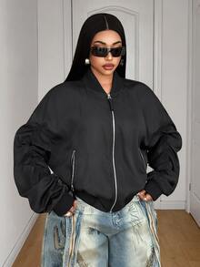 Maweii Plus Size Women Solid Color Pleated Long Sleeve Zipper Front Baseball Collar Cool Jacket - Black - View 1