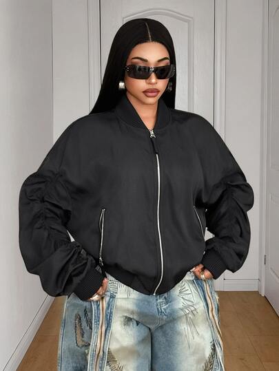 Maweii Plus Size Women Solid Color Pleated Long Sleeve Zipper Front Baseball Collar Cool Jacket