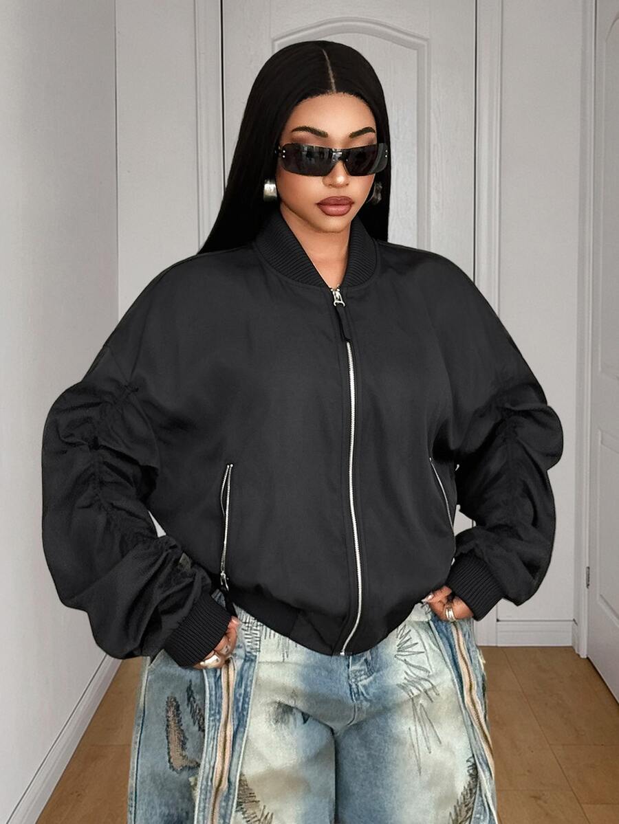 Maweii Plus Size Women Solid Color Pleated Long Sleeve Zipper Front Baseball Collar Cool Jacket - Black - View 1