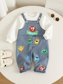 SHEIN Baby Boy Baby Girl Baby Boy Spring Autumn Casual Cute Animal Print Denim Overalls - Blue - View 3