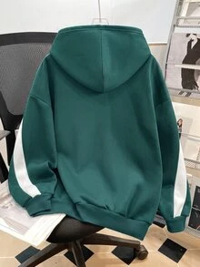 SHEIN 青少年女孩拼色字母印花寬鬆休閒運動衫 秋冬款 - 綠色 - 查看 2