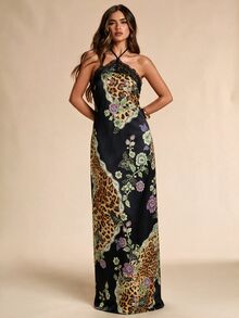 SHEIN BAE 秋冬豹紋緞面掛脖無袖抓褶優雅時尚復古洋裝，適合派對、婚禮賓客、夜晚外出 - 彩色 - 查看 5