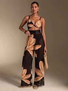 Swim Oasis Deep Brown Floral Print One-Piece Swimsuit And Long Pants 2-Piece Set, Elegant And Exquisite For Women, Beach Vacation, Hot Spring Swimwear Outfit - Multicolor - View 4