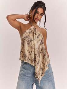 SHEIN BAE 100%純棉女款細肩帶背心上衣，不對稱下擺，休閒極簡度假波希米亞優雅浪漫復古抽象紮染杏色豹紋印花，女款通勤穿搭、音樂節、沙灘穿著、度假穿搭、秋冬穿搭 - 彩色 - 查看 4