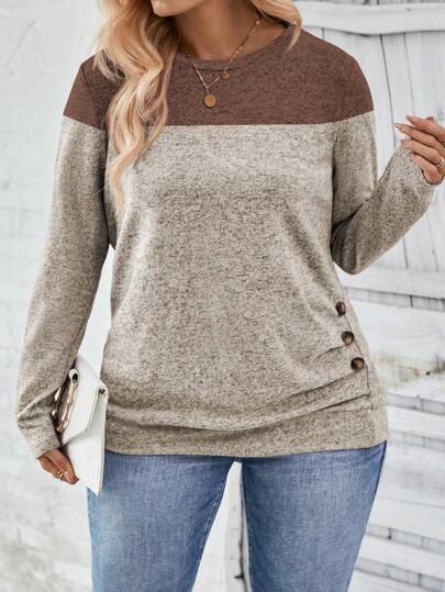 SHEIN LUNE New Arrival Plus Size Women Casual Traditional Colorblock Round Neck Long Sleeve T-Shirt Autumn Brunch Formal Navy Blue