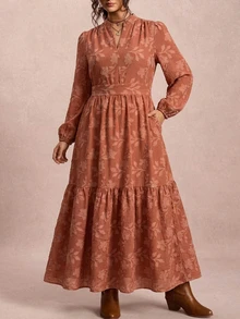 Freevana Plus Size Women's Autumn/Winter Vintage Floral Print Ruffle Hem Elegant Dress - Orange - View 5