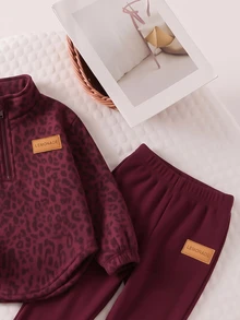 Young Girls Pink Leopard Print Half-Zip Stand Collar Sweatshirt Set With Curved Hem And Elastic Cuffs, Sweet Casual Style - Multicolor - View 4