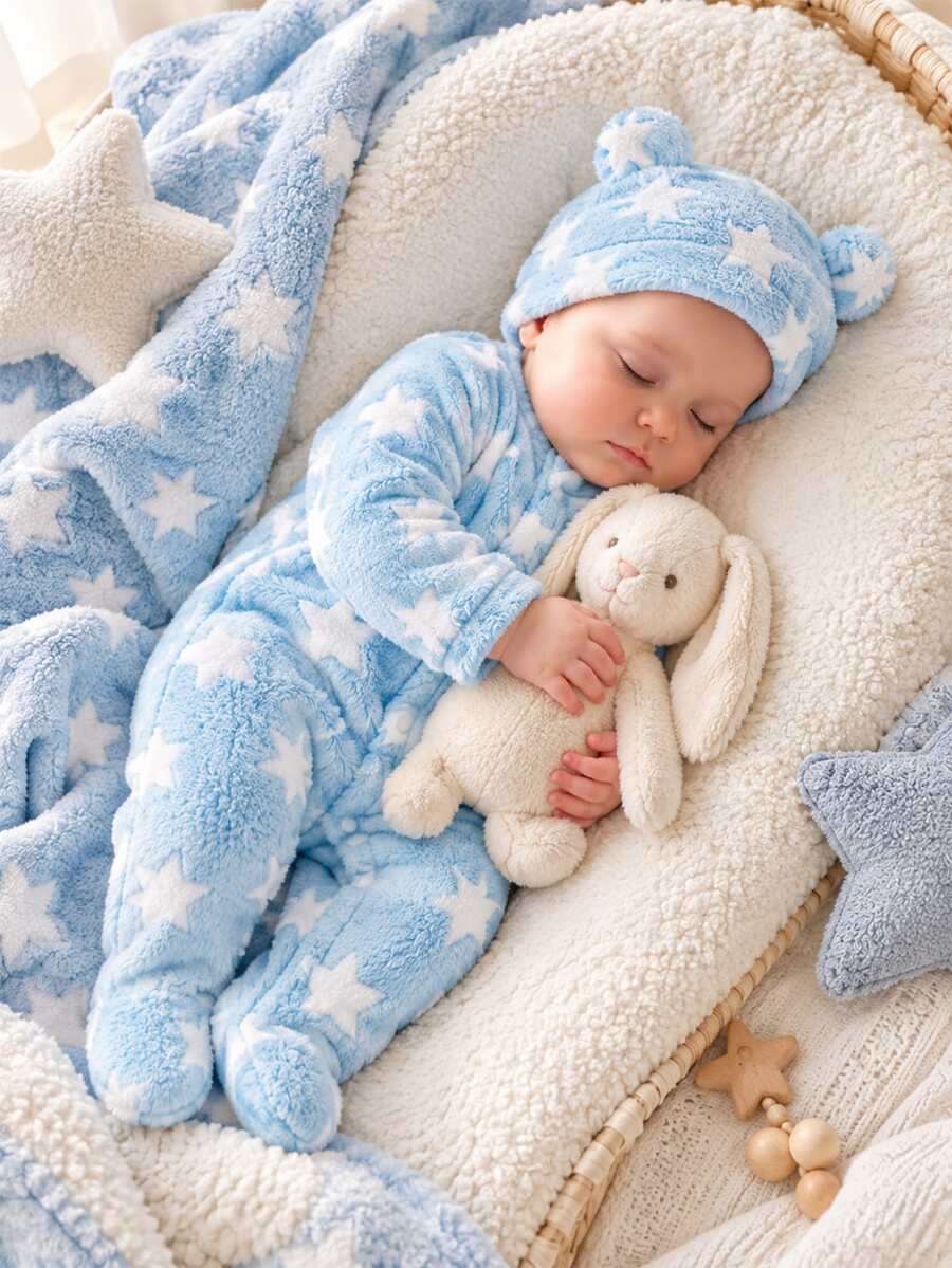 SHEIN 6件組隨機發貨 1件裝 秋冬新生兒嬰兒居家連身衣 可愛虎/牛/象/鹿/兔動物刺繡 卡其色、黃色、杏色、灰色、淺卡其色、粉色、白色 單面水晶絨毛 隨性簡約長袖連腳爬行衣 - 藍色 - 查看 1