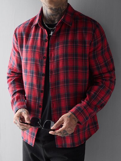 SLATEMANN Men's Plaid Long Sleeve Single-Breasted Casual Shirt