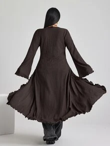 SHEIN ICON ICON 大尺碼女款 V 領前綁帶喇叭袖針織上衣 秋季款 - 棕色 - 查看 2