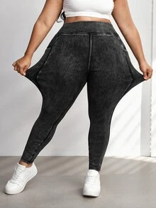 SHEIN CURVE+ بنطلون جينز ضيق عالي المرونة مع جيوب جانبية كاجوال مقاس كبير - الأسود - مشاهدة 6