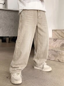 SHEIN 青少年男孩休閒日常穿著牛仔長褲，附口袋 - 卡其色 - 查看 5