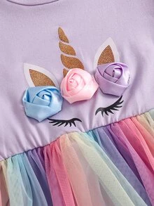 SHEIN Glamorique Kids 女嬰 3D 花朵獨角獸長袖洋裝，薰衣草花瓣袖彩虹薄紗公主芭蕾舞裙，秋季生日可愛女寶寶 - 粉色 - 查看 5