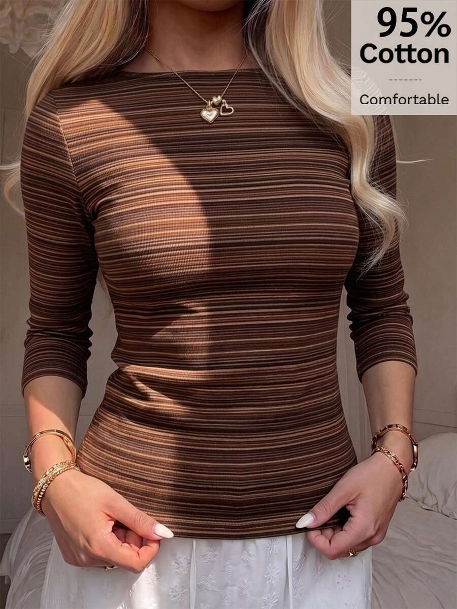 CovetEZ 女款極簡街頭風條紋拼接色塊T恤，適合日常穿著 - 彩色 - 查看 1