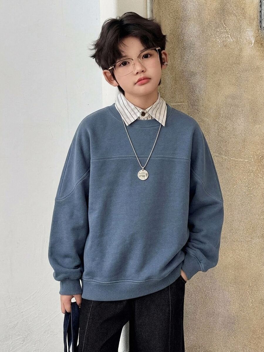 Dazy Kids Sweatshirt Pullover Leher Bulat Dasar Jahitan Kontras untuk Anak Laki-laki (Ukuran Besar), Potongan Longgar, Musim Gugur/Dingin - Navy Blue - View 1