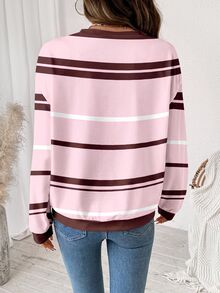 SHEIN LUNE 女款蝴蝶結條紋印花圓領長袖休閒運動衫 - 白色 - 查看 3