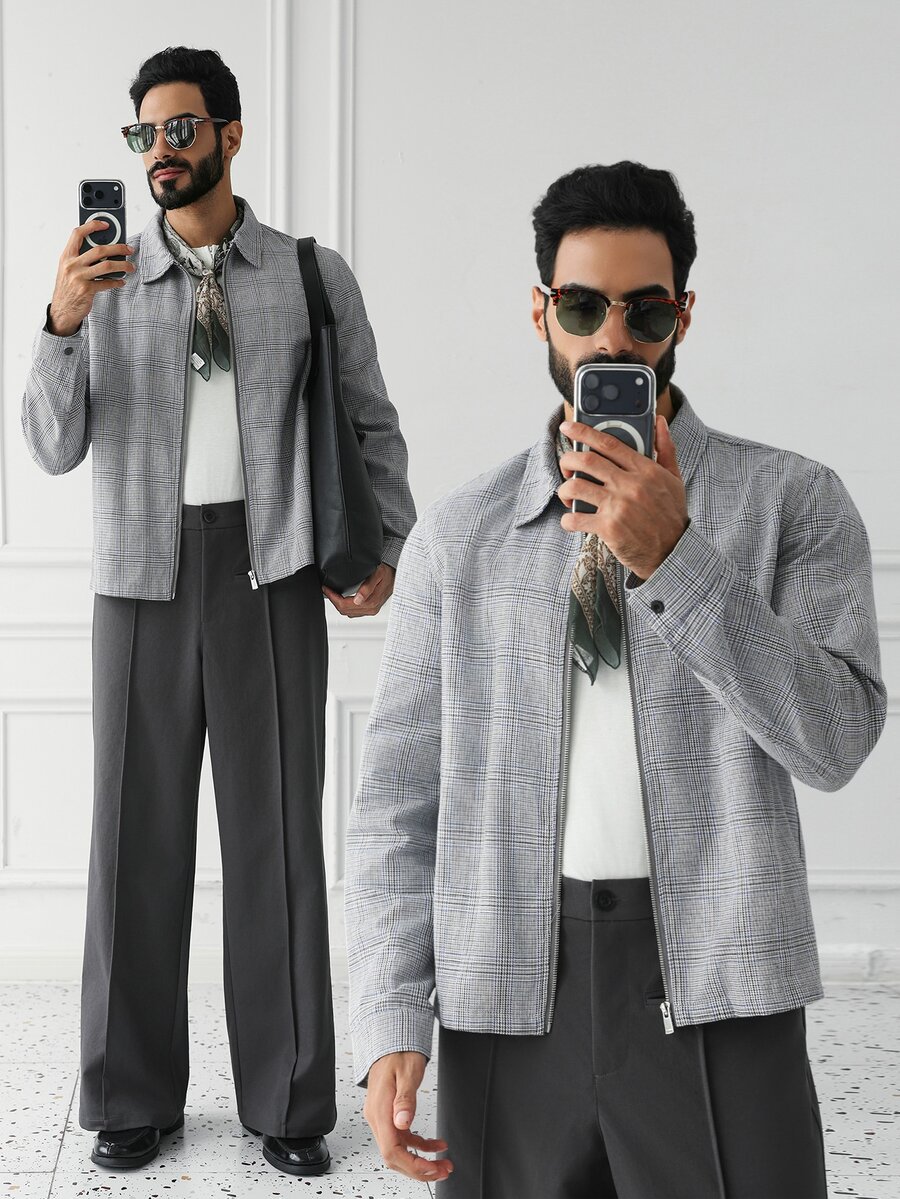HUEFORM 26 Spring Summer Men's Plaid Zip‑Up Harrington Jacket, Retro British Business Casual Lightweight Wov - Multicolor - View 1