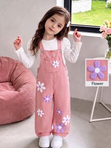SHEIN ChillGRL Young Girl Floral 3D Decor Denim Bib Overalls Sunflower Girls Outfit Young Girl Outfit Set Autumn Fall - Pink - View 1