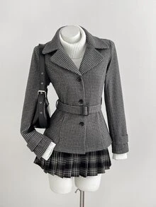 Mori Grove Mori Grove Women's New Lapel Collar Long Sleeve Cinched Waist Waist Slim Fit Houndstooth Tweed Jacket, Versatile For Daily Commute, Spring Autumn Winter, Preppy Style - Grey - View 1