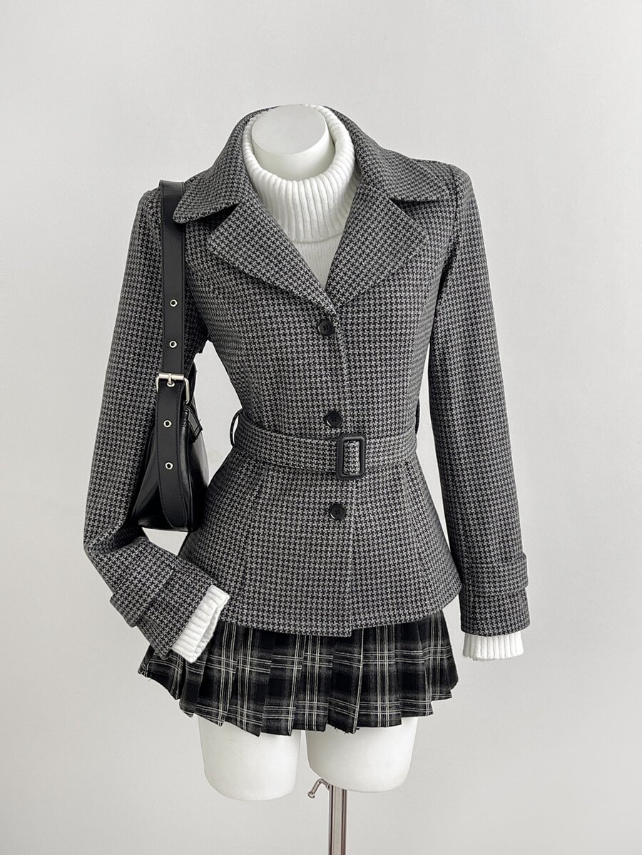 Mori Grove Mori Grove Women's New Lapel Collar Long Sleeve Cinched Waist Waist Slim Fit Houndstooth Tweed Jacket, Versatile For Daily Commute, Spring Autumn Winter, Preppy Style - Grey - View 1