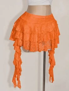 SHEIN ICON 大尺碼女款白色蕾絲荷葉邊迷你裙附內褲，波希米亞牛仔商務休閒風，適合夏季度假、音樂節與演唱會 - 橘色 - 查看 7
