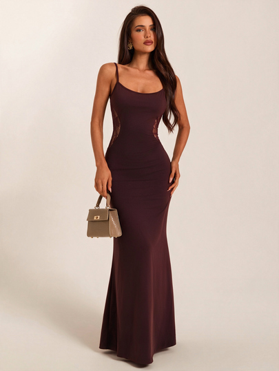 SHEIN BAE Fall Winter Brown Lace Patchwork Sleeveless Wrap Ruched Elegant French Maxi Dress Halloween Party Wedding Guest