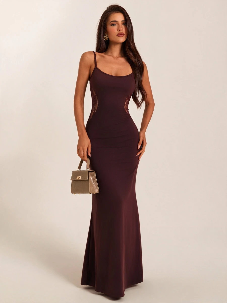 SHEIN BAE Fall Winter Brown Lace Patchwork Sleeveless Wrap Ruched Elegant French Maxi Dress Halloween Party Wedding Guest - Brown - View 1