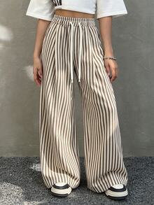 SHEIN Girls' Single Piece Vintage Vertical Striped Wide Leg Pants, High Waist Drawstring Elastic Waist Drapey Loose Casual Straight Leg Long Pants - White - View 4