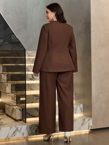 Modelyn Napoleon Plus Size Women's Solid Color Double-Breasted Jacket And Wide-Leg Pants Elegant 2 Pieces Set - Mocha Brown - View 2