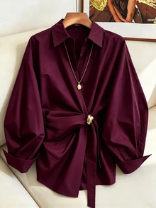 GlowEve CURVE Plus Size Women's V-Neck Pleated Fashion Blouse Fall - Purple - View 1