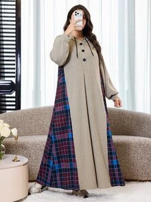 Al Najma Plus Size Women's Plaid Patchwork Hooded Arabian Dress - Multicolor - View 5
