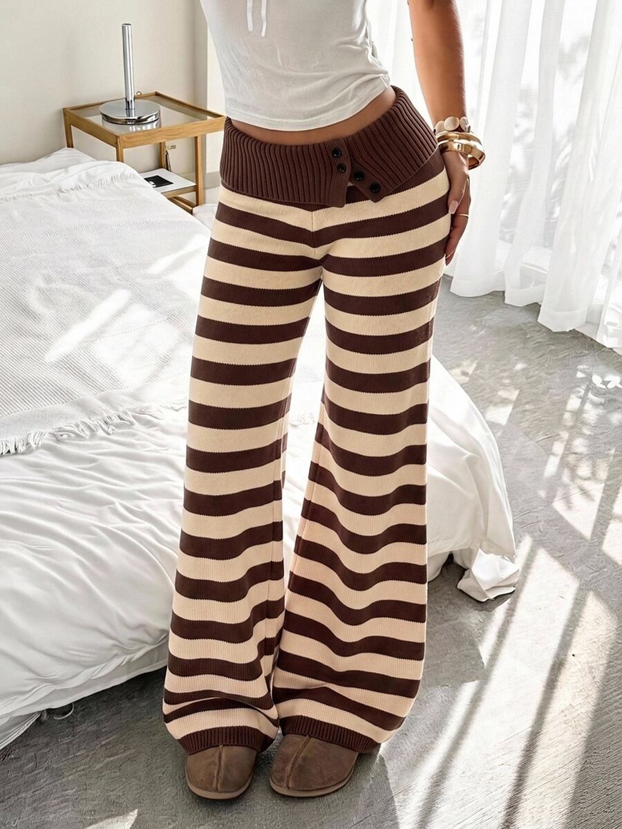 CovetEZ Women's Korean Style Button Striped Colorblock Knit Pants - Multicolor - View 1