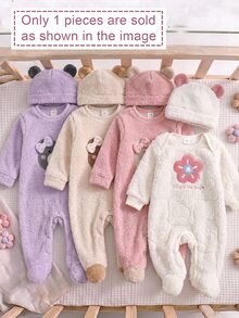 SHEIN 新生兒花卉圖案休閒日常長袖冬季連身衣 - 白色 - 查看 5