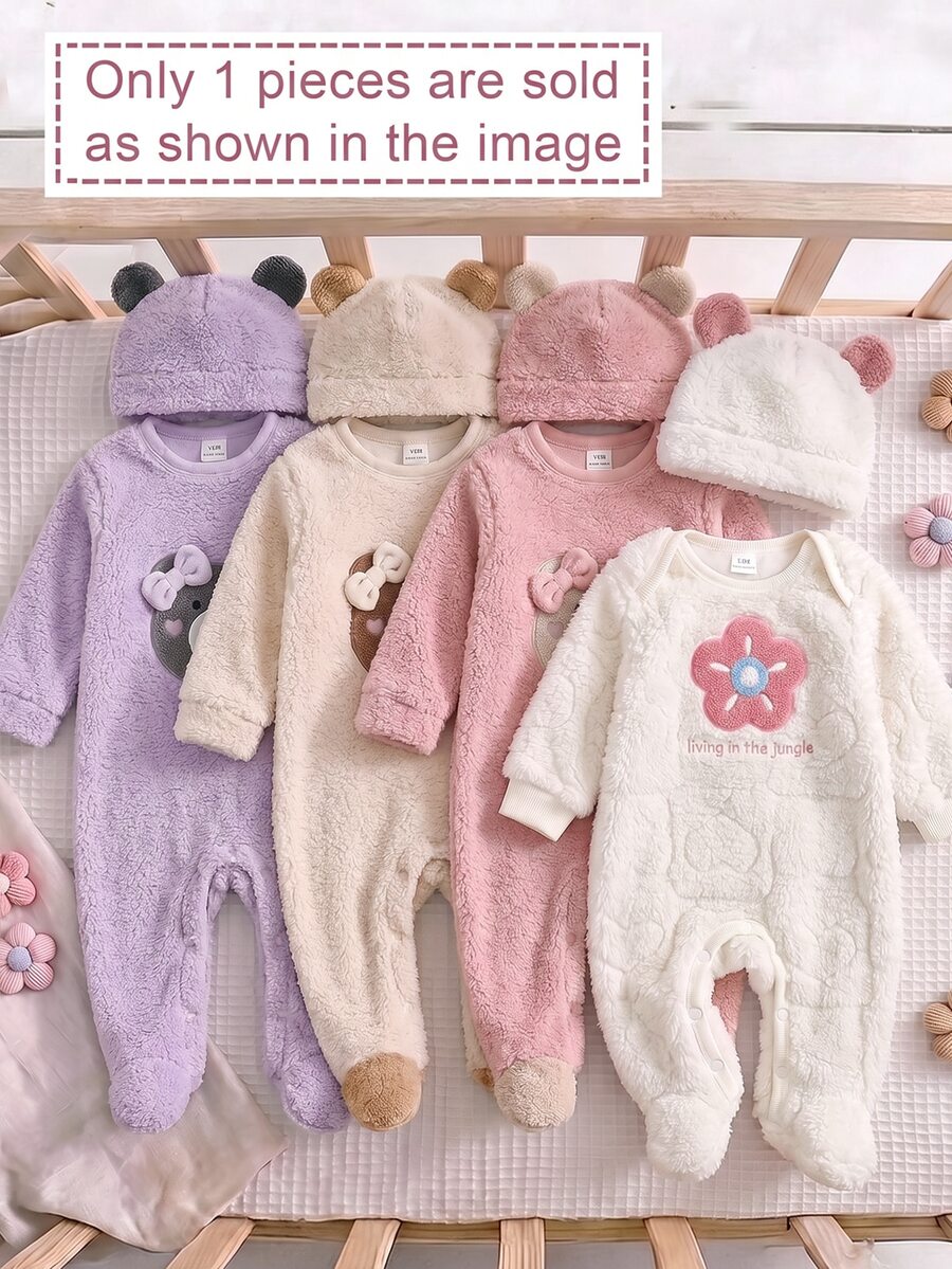 SHEIN Newborn Baby Floral Pattern Casual Daily Long Sleeve Winter Romper - White - View 1