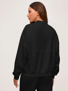 SHEIN BASICS 女款簡約百搭長袖拉鍊夾克 - 黑色 - 查看 2